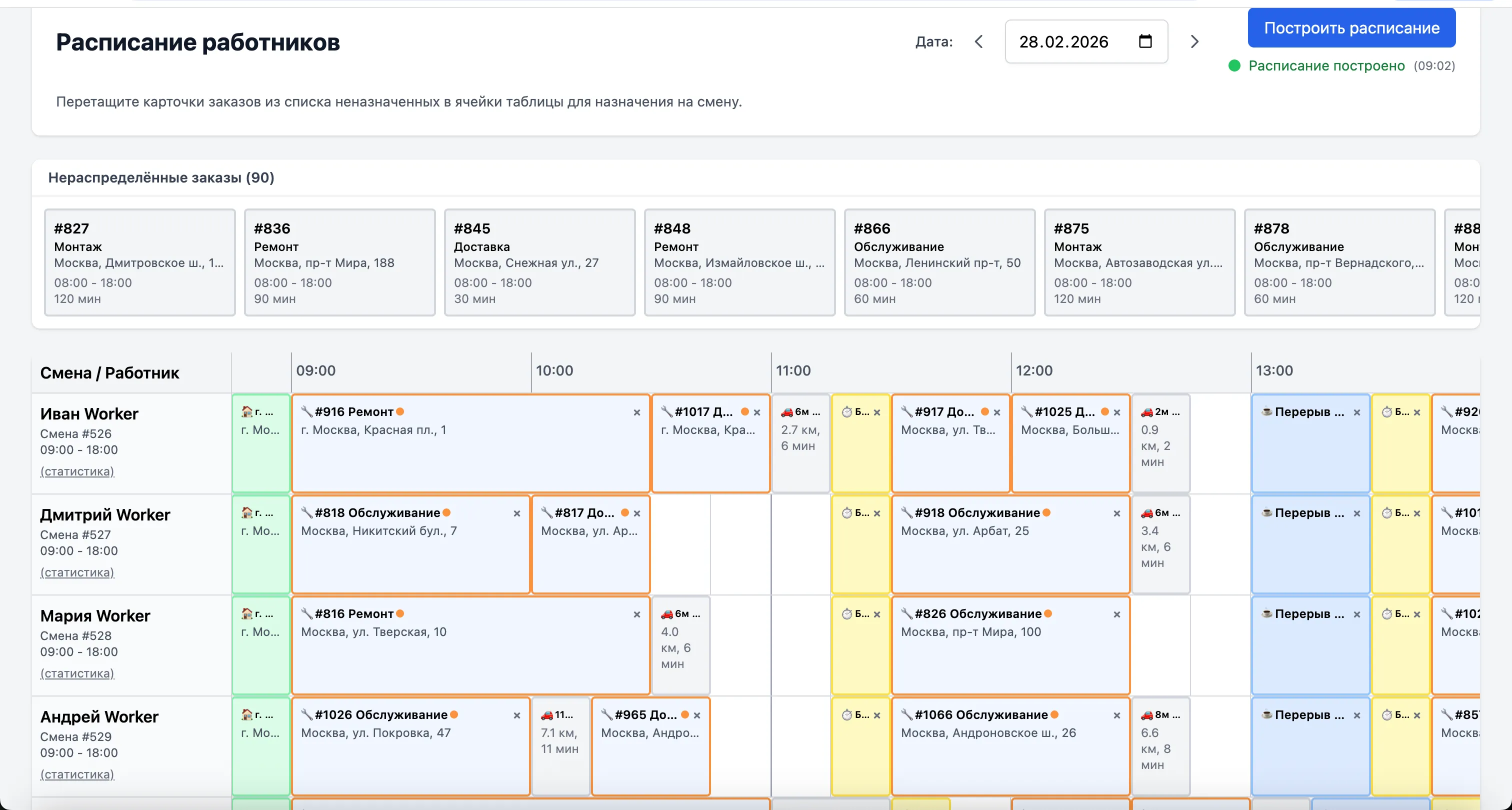 Расписание работников — drag-and-drop шкала времени